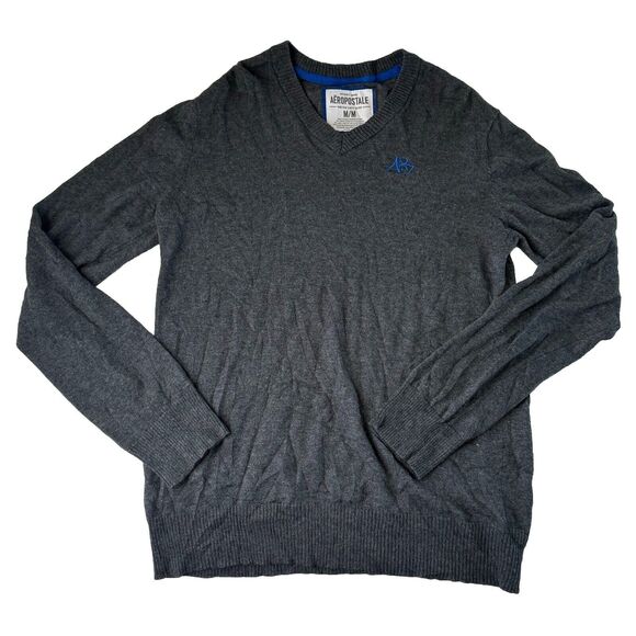 Aeropostale Men's V-Neck Sweater Long Sleeve Logo Gray Heather Size Medium - Picture 1 of 12